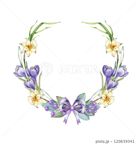 Spring season decorative floral wreath from primrose garden flowers illustration. Hand drawn daffodil, crocus flowers elegant decor on white background. For holiday festive decor and seasonal designs 120639341