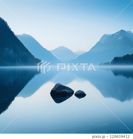 湖に反射する山 120639412
