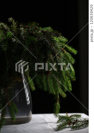 A transparent vase with green fluffy branches of a Christmas tree stands on the table 120639420