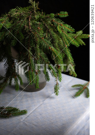 A transparent vase with green fluffy branches of a Christmas tree stands on the table 120639421