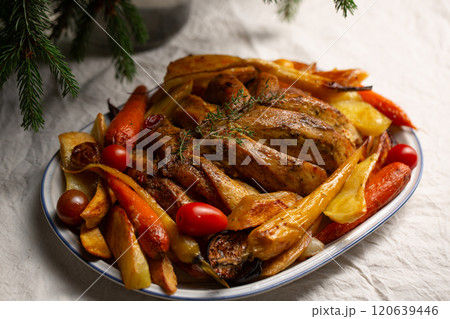 Baked chicken fillet on the bone, an alternative to holiday turkey for the holidays 120639446