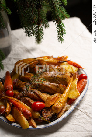 Baked chicken fillet on the bone, an alternative to holiday turkey for the holidays 120639447