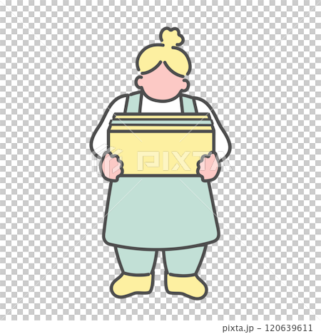Simple line drawing of a woman holding an unopened cardboard box illustration 120639611