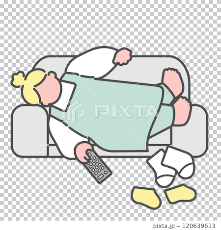 ソファでゆったりするシンプルな線画女性　イラスト　 120639613