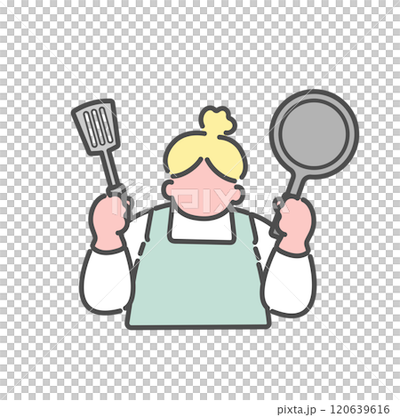 一個拿著煎鍋和小鏟的女人的簡單線條畫插圖 120639616