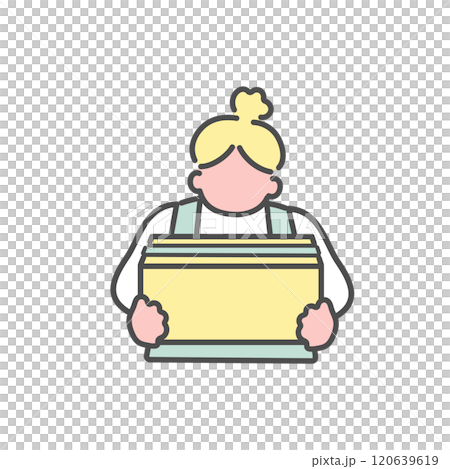 Simple line drawing of a woman holding an unopened cardboard box illustration 120639619