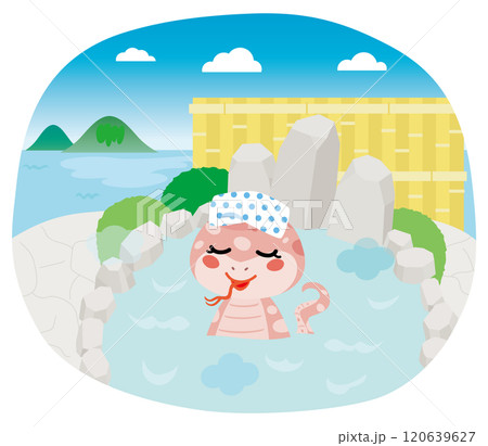 海の見える露天風呂に浸かるヘビ 120639627