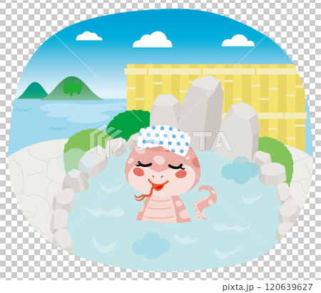 海の見える露天風呂に浸かるヘビ 120639627