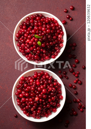 Two bowls of red lingonberries with scattered berries. Top view 120639632