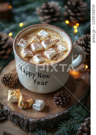 ホットチョコレートとお祝いの飾りで迎えるハッピーニューイヤー ホットチョコレートとお祝いの飾りで迎えるハッピーニューイヤー 120639850