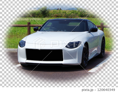 快晴の休日に白い車体のスポーツカーでドライブに出掛けて公園の駐車場で休憩して景色を眺めているイメージ 120640349