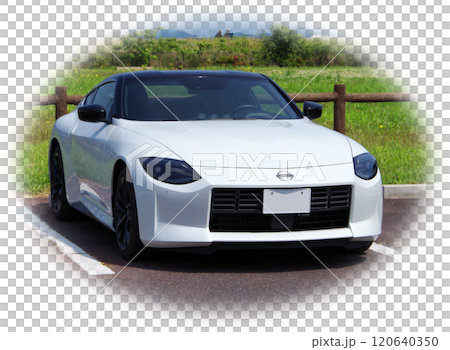 快晴の休日に白い車体のスポーツカーでドライブに出掛けて公園の駐車場で休憩して景色を眺めているイメージ 120640350