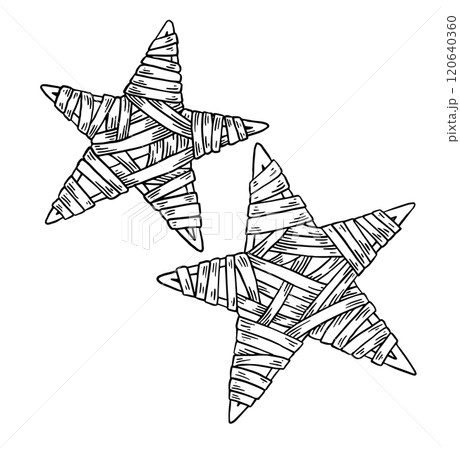 Eco-friendly Christmas decoration, star woven from straw and branches. vector illustration in sketch style. christmas core 120640360