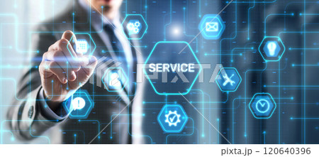 Businessman presses a button Service. Technical Support Customer Business Technology Internet Concept Businessman presses a button Service. Technical Support Customer Business Technology Internet Concept 120640396
