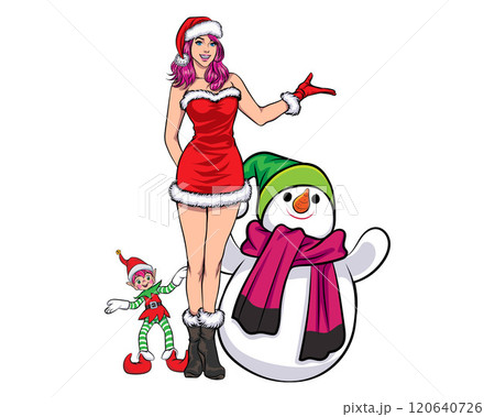 merry christmas santa and snowman elf with Christmas girl in red dress in pop art comic style 120640726