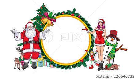 merry christmas santa and snowman elf with Christmas girl in red dress in pop art comic style merry christmas santa and snowman elf with Christmas girl in red dress in pop art comic style 120640732