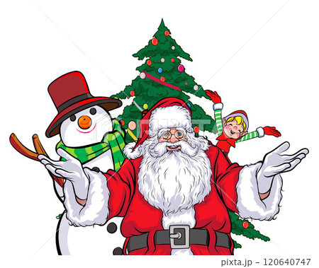 merry christmas santa and snowman reindeer elf in pop art comic style merry christmas santa and snowman reindeer elf in pop art comic style 120640747