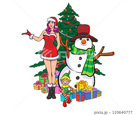 merry christmas santa and snowman elf with Christmas girl in red dress in pop art comic style 120640777
