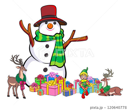 merry christmas santa snowman reindeer elf with Christmas girl in red dress in pop art comic style 120640778