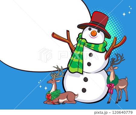 merry christmas santa snowman reindeer elf with Christmas girl in red dress in pop art comic style 120640779
