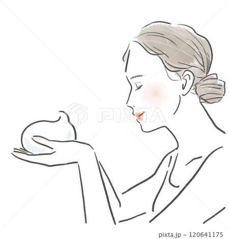両手で泡を持っている笑顔の女性横顔の上半身 両手で泡を持っている笑顔の女性横顔の上半身 120641175