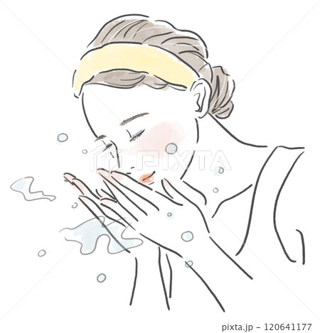 水で洗顔している女性の上半身 水で洗顔している女性の上半身 120641177