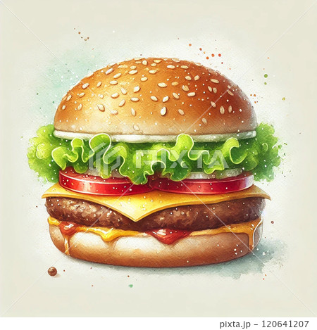 フレッシュな具材たっぷりのハンバーガーイラスト | メニュー・広告・食品素材に最適 フレッシュな具材たっぷりのハンバーガーイラスト | メニュー・広告・食品素材に最適 120641207