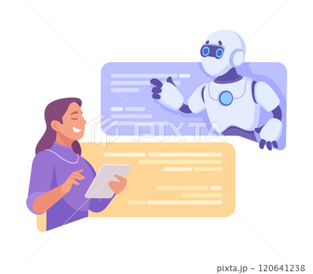 Robot Character Interact with Woman as Smart Android Assistant Machine Vector Illustration 120641238