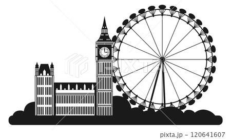 A black and white drawing of London with the Big Ben clock tower A black and white drawing of London with the Big Ben clock tower 120641607
