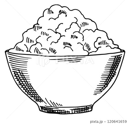 A bowl of food is shown in a black and white drawing A bowl of food is shown in a black and white drawing 120641659