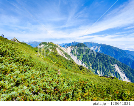 夏の烏帽子岳・南沢岳登山（烏帽子小屋～前烏帽子岳：南沢岳・不動岳方面の眺め） 120641821