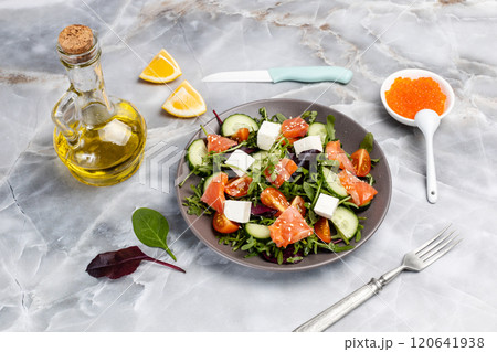 Salad with salmon, white cheese and vegetables on the plate with ingredients. 120641938