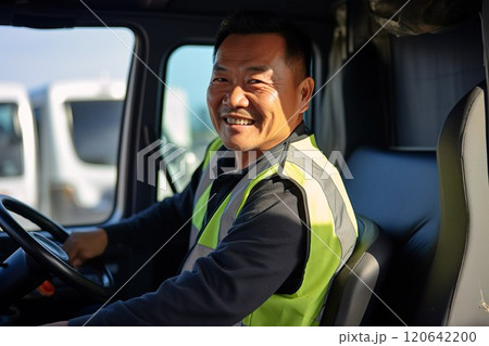 トラックに乗る中年男性イメージ03 120642200