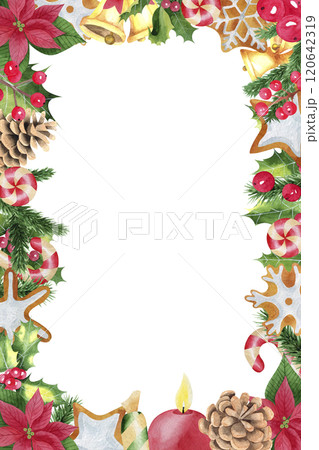 Christmas frame Watercolor hand drawn illustration with holly, gingerbread cookie, pine tree branches, red berries, golden bells, candle, candy cane. Winter holiday. Template for greeting card 120642319