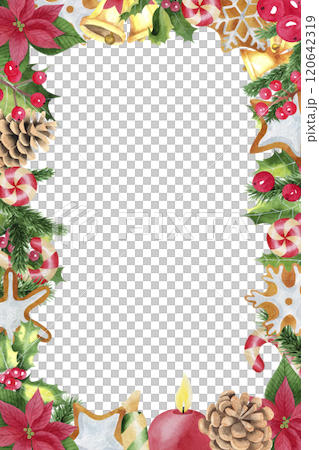 Christmas frame Watercolor hand drawn illustration with holly, gingerbread cookie, pine tree branches, red berries, golden bells, candle, candy cane. Winter holiday. Template for greeting card 120642319