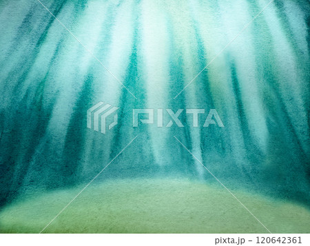 Underwater sea , sunlight in ocean, watercolor blue transparent background. Hand drawn illustration isolated on background. For designers, postcards, greetings, birthday, calendar, wallpapers 120642361