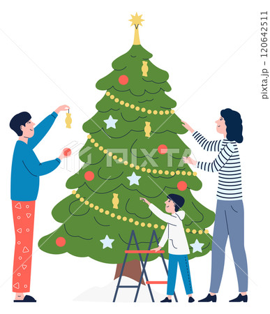A family is decorating a Christmas tree together 120642511