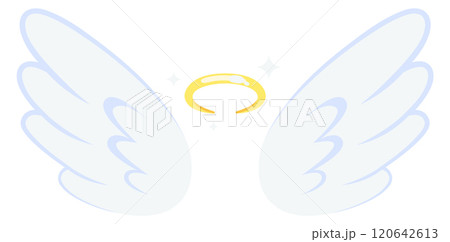 The wings of a white angel are shown with a golden halo The wings of a white angel are shown with a golden halo 120642613
