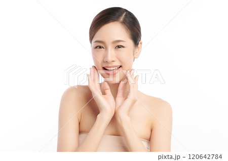 Beautiful young asian woman with clean fresh skin on white background, Face care, Facial treatment, Cosmetology, beauty and spa, Asian women portrait. Beautiful young asian woman with clean fresh skin on white background, Face care, Facial treatment, Cosmetology, beauty and spa, Asian women portrait. 120642784