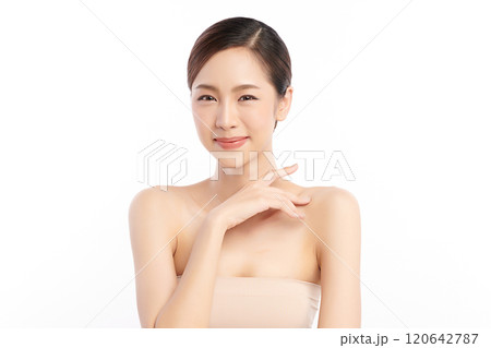 Beautiful young asian woman with clean fresh skin on white background, Face care, Facial treatment, Cosmetology, beauty and spa, Asian women portrait. Beautiful young asian woman with clean fresh skin on white background, Face care, Facial treatment, Cosmetology, beauty and spa, Asian women portrait. 120642787
