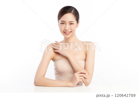 Beautiful young asian woman with clean fresh skin on white background, Face care, Facial treatment, Cosmetology, beauty and spa, Asian women portrait. Beautiful young asian woman with clean fresh skin on white background, Face care, Facial treatment, Cosmetology, beauty and spa, Asian women portrait. 120642789