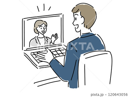 オンラインで会話する男性ラフな手描き線画 オンラインで会話する男性ラフな手描き線画 120643056