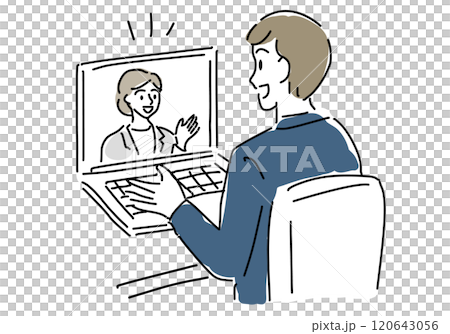 オンラインで会話する男性ラフな手描き線画 オンラインで会話する男性ラフな手描き線画 120643056
