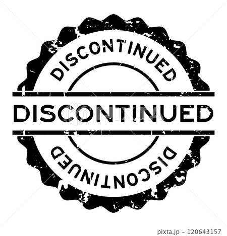 Grunge black discontinued word round rubber seal stamp on white background 120643157
