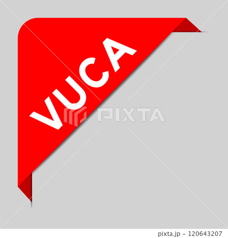 Red color of corner label banner with word VUCA (abbreviation of Volatility, uncertainty, complexity and ambiguity) on gray background 120643207