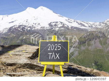 Planning 2025 tax new year symbol. Concept words 2025 Tax on beautiful yellow chalk blackboard. Beautiful mountain Elbrus background. Business 2025 tax new year concept. Copy space. Planning 2025 tax new year symbol. Concept words 2025 Tax on beautiful yellow chalk blackboard. Beautiful mountain Elbrus background. Business 2025 tax new year concept. Copy space. 120643397