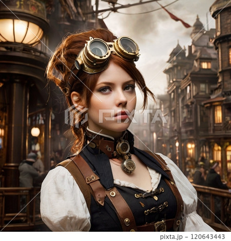 スチームパンクの街並みに佇むメカニカル風の女性冒険者 スチームパンクの街並みに佇むメカニカル風の女性冒険者 120643443
