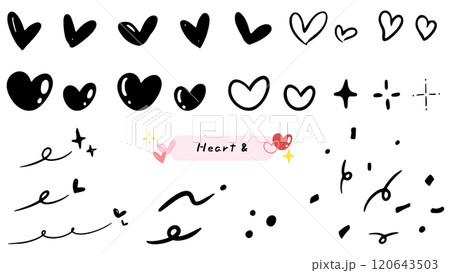 いろいろなハート、ハートマーク、キラキラやあしらい、かわいい手描きのイラストセット 120643503