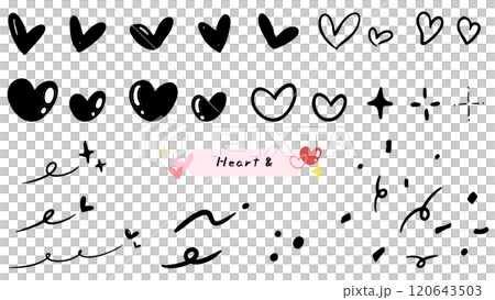 いろいろなハート、ハートマーク、キラキラやあしらい、かわいい手描きのイラストセット 120643503