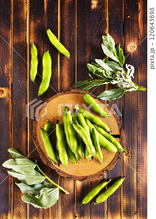 Green beans close up top view background. 120643698